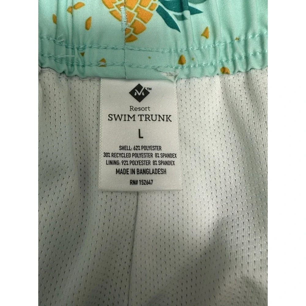 Members Mark All Over Print, Men's Large, Green Yellow, Pineapples, Swim Trunks